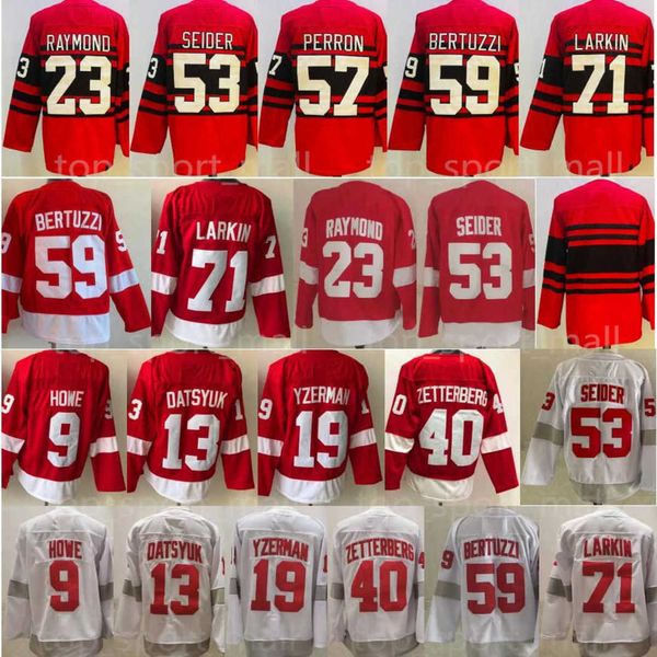 

reverse retro hockey 23 lucas raymond jersey 53 moritz seider 59 tyler bertuzzi 71 dylan larkin 9 gordie howe 19 steve yzerman 13 pavel dats, Black;red