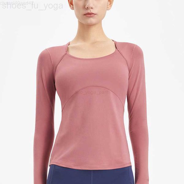 

lu women's yoga long sleeve shirt tight fit solid color loose sports fitness round neck jogging sportswear breathable 4 colors sportswe