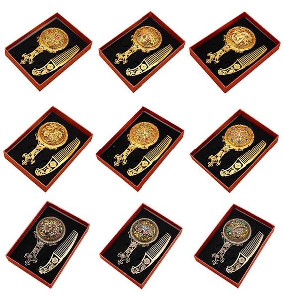 

classic retro vintage makeup mirror compact copper golden hollow out cosmetic held hand mirror with hair comb 2805039268q9600106