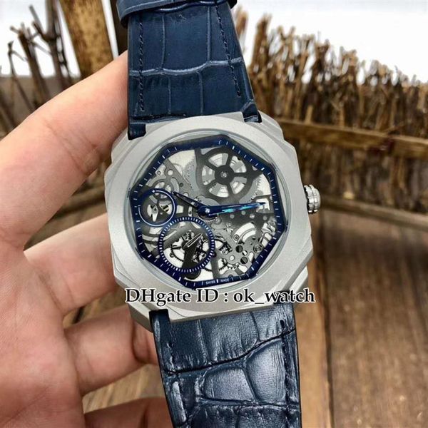 

new 41mm octo finissimo titanium case 102941 102714 automatic mens watch skeleton dial blue leather strap 102941 gents sportw285z, Slivery;brown
