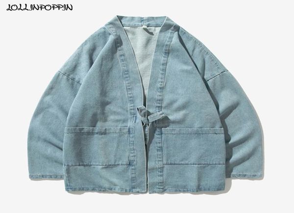 

japan style men denim kimono jacket stand collar open placket 2020 spring vintage mens light blue jean jackets plus size2400340, Black;brown