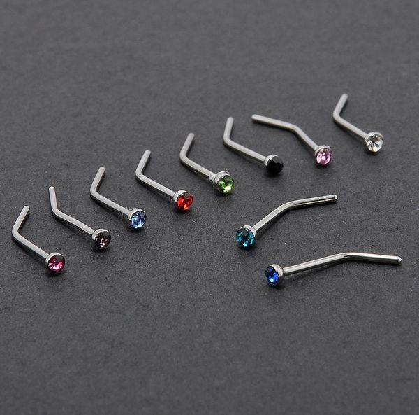 

10pclot whitemulticolor women stainless steel nose studs rings l shaped stainless steel crystal nose septum piercing body jewelr2551561, Silver