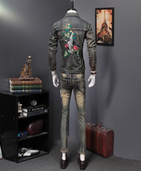 

retro blue tracksuit spring autumn embroidered crane men039s 2pcs jeans sets fashion slim fit denim jacket and stretch pants8387392, Gray