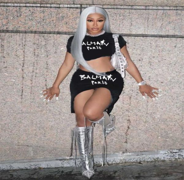 

designer women dress suit summer new letter print round neck exposed navel short sleeve skirt twopiece set8939112, White