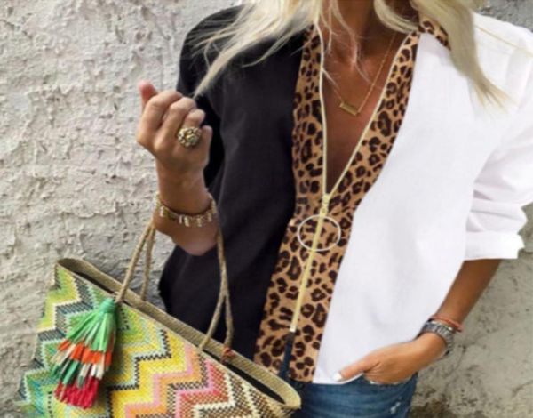 

women zipper blouses shirts leopard stitching long sleeve summer spring autumn ladies clothing female costume casual fashion y9528355, White