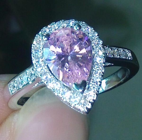 

size 510 pear cut engagement luxury jewellery pink sapphire 925 sterling silver filled wedding diamonique simulated diamond ring 3966292, Slivery;golden