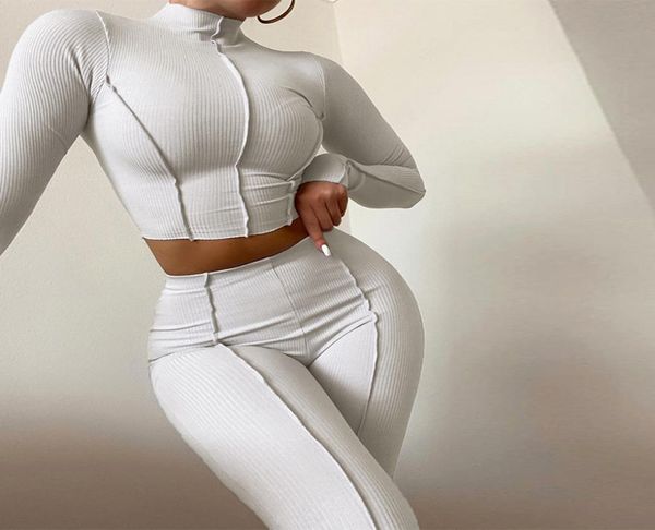 

women039s two piece pants solid knit set women outfits unique design zipper hooded crop sporty stretch skinny lady casualw5059723, White