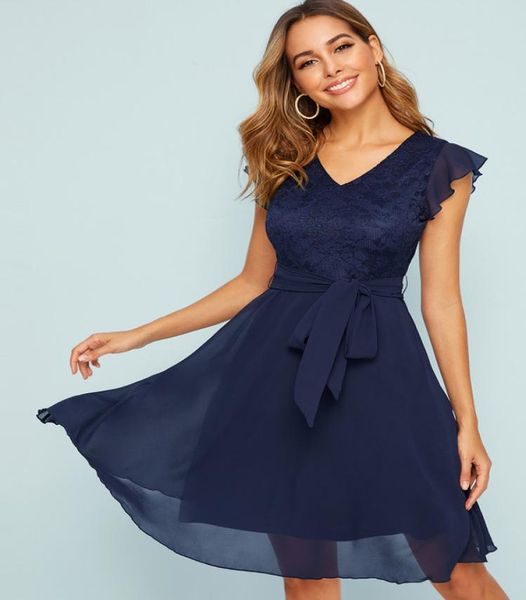 

lace bodice fit and flare self belted dress she01234568268007, Black;gray