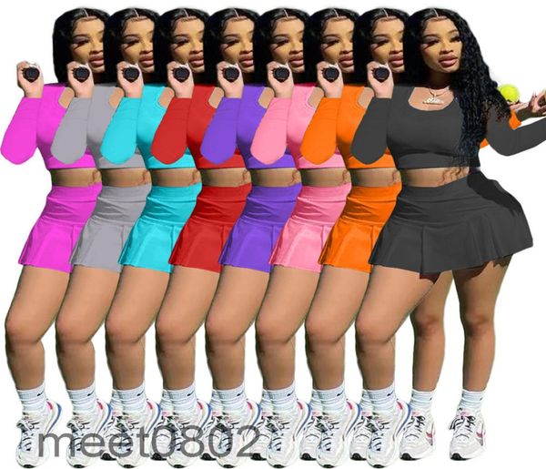 

2021 solid color two piece set women skirts round neck long sleeve slim fit crop leated mini dress club outfits 8 colors a8097578614, White