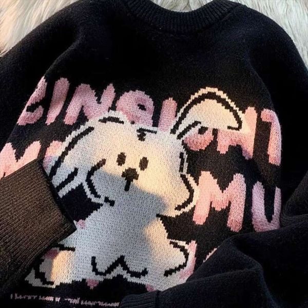 

japanese lazy style dark green rabbit sweater womens autumn and winter thickening oversize vintage chic top, White;black