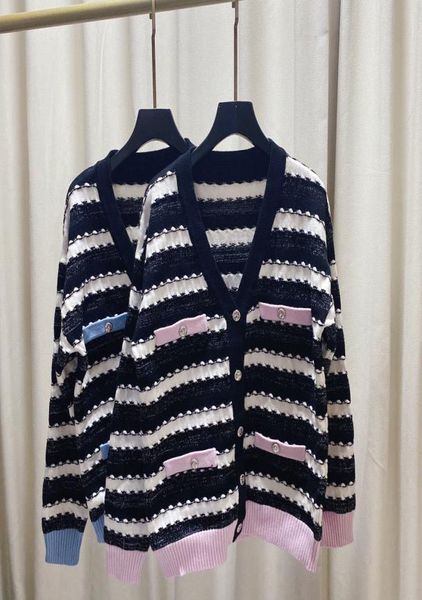 

vintage contrast navy black stripes cardigans women039s sweater vneck long sleeve single breasted pocket loose long knit coat1620876, White;black