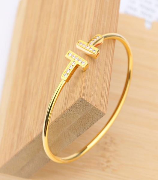 

double tshaped opening design cuff bracelet chain simple inlaid diamond ladies fashion luxury banquet small fresh stainless steel8470373, White