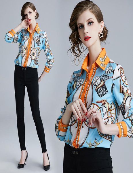 

2019 quality fashion runway blue blouses women plus size retro print long sleeve lapel neck button ladies designer shirt office el3186471, White