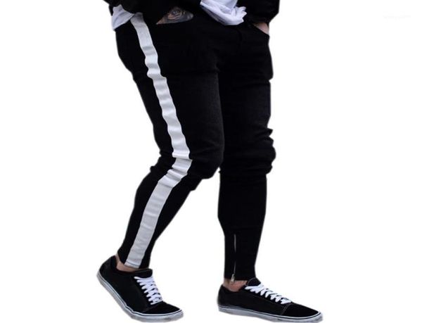 

black jeans men casual stripe trouser biker ripped skinny jeans frayed slim fit denim pants trousers clothes pencil pants15850609, Blue