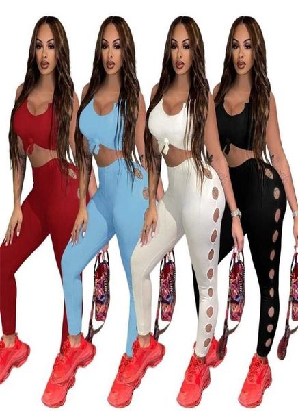 

2022 designer rib knitted tracksuits for womens two piece pants set summer uneck vest hollow out leggings clothing5821792, Gray