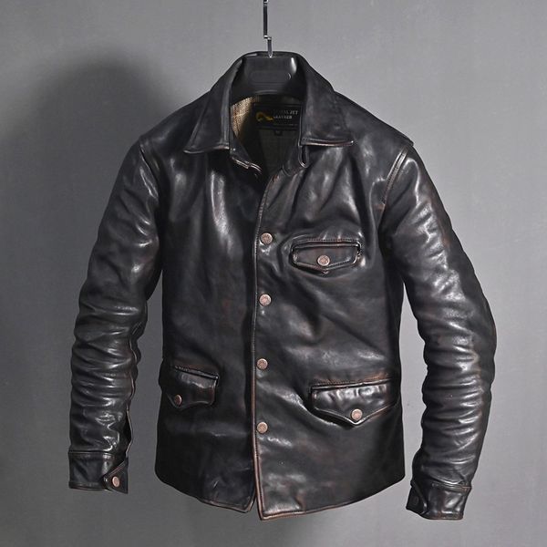 

men's leather faux yr2023 vintage style slim tea core horsehide jacketbrand quality genuine leather coat casual luxury pineal 230831, Black