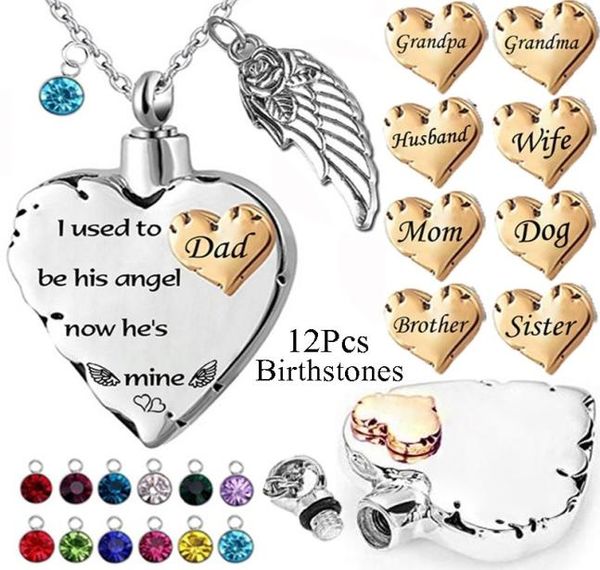 

12pcs birthstones family memorial heart pendant for mom dad pet i used to be his angel now he039s mine urn necklace for ashe3598198, Silver