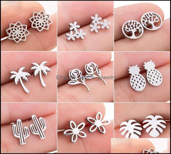 

stud earrings jewelry women girls cute flower cactus leaf gold black fashion stainless steel party daily accessories drop delivery6632693, Golden;silver
