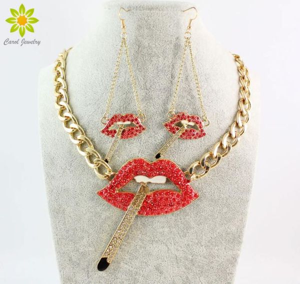 

new arrival fashion smoking cigarette red lip mouth full crystal necklace earrings sets for women1539498, Silver
