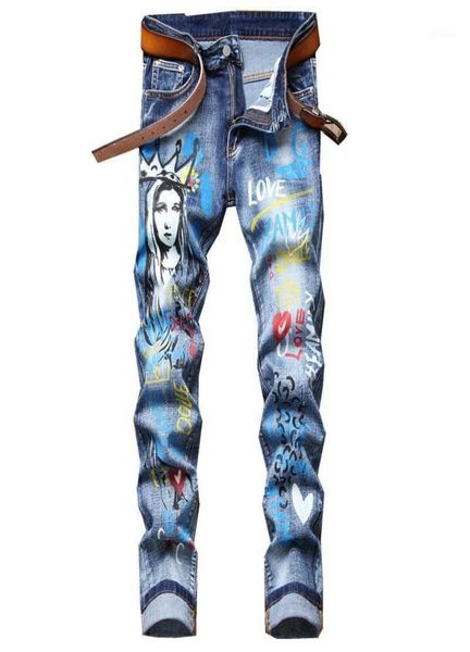 

men039s jeans erenejian fashion hi street printed pants slim fit graffiti hip hop denim trousers streetwear painted9441481, Blue