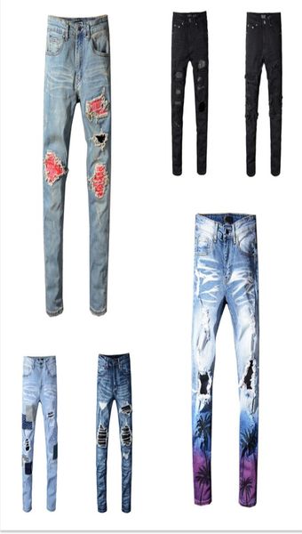 

new men designers jeans pocket mens pants quality a distressed ripped hole teenagers streetwear style clothing pants7074703, Blue