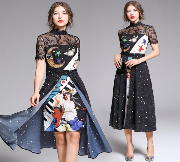 

new style women039s short sleeve lace print patchwork turtle neck printed dress office ladies slim split party evening3934534, Black;pink