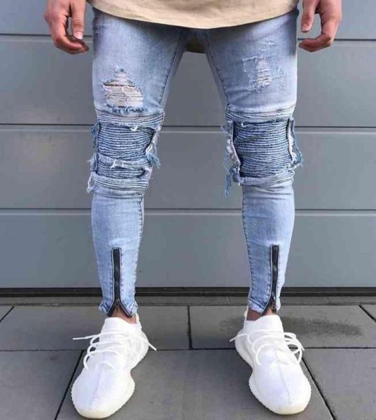 

2017 new men hip hop zipper ripped biker jeans fashion slim fit motorcycle jeans men distressed holes skinny denim joggers pants g3080810, Blue