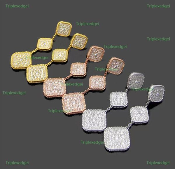 

22 new luxury crystal charm earring brand classic 3 flower fourleaf clover long earring fashion full diamond designer earrings fo5806312, Golden