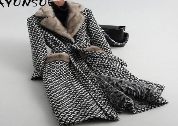 

ayunsue luxury lamb fur coat female mink fur collar tweed coat winter jacket women clothes woolen coats warm long jacket my5354611, Black
