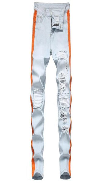 

autumn new mens painted ripped patch denim trousers fashion light color jeans hip hop vintage striped jeans man vaqueros hombre2177280, Blue