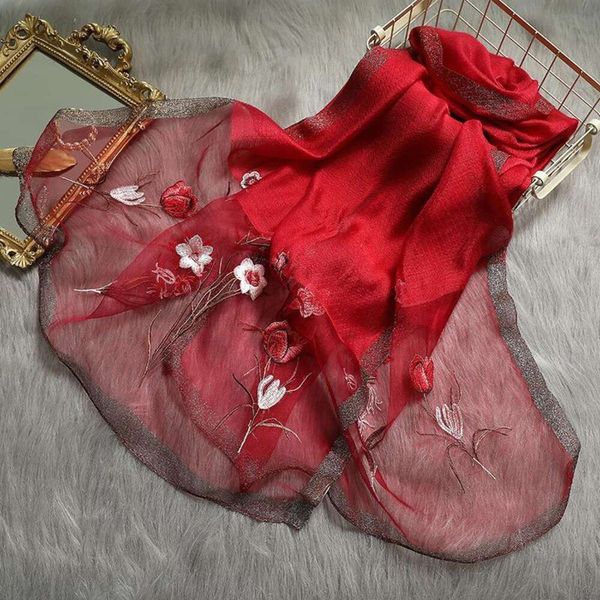 

spring all neckerchief matched embroidery trumpet flower mulberry silk scarf embroidered wool autumn and winter for, Blue;gray