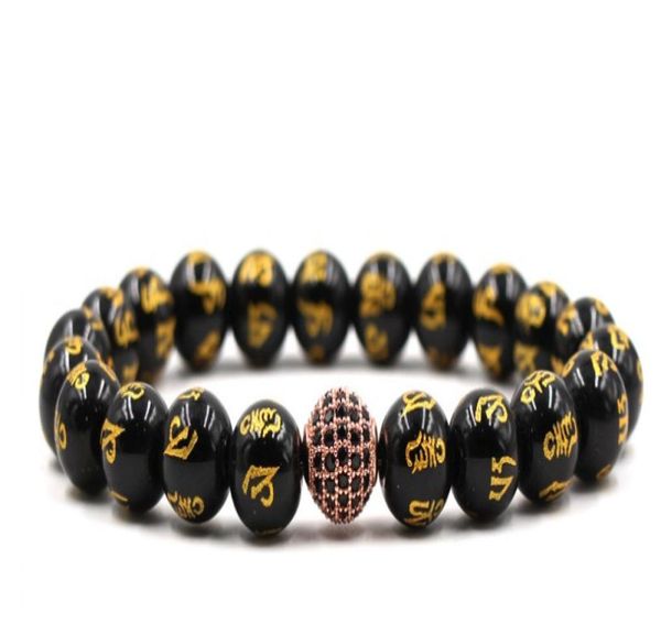

10mm hj45 elastic adjusted nature sixword mantra bead micro pave cz zircon cubic zirconia ball bracelet2116916, Black