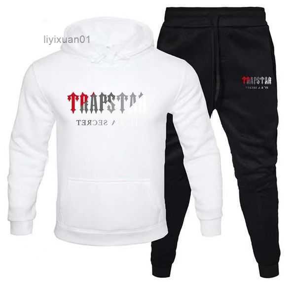 

tracksuit trapstars brand printed sportswear men's t shirts 16 colors warm two pieces set loose hoodie sweatshirt pants jogging sweate, Black