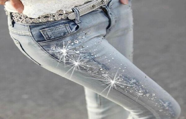 

new women diamond drilled hole jeans woman pencil ripped trousers with rhine denim pants woman lj2010293558079, Blue