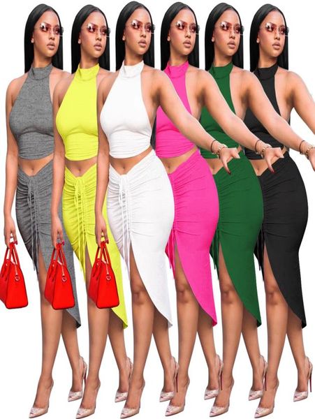 

summer women two piece dress crew neck sleeveless backless bodycon tracksuits fashion lady skirt suit solid color2940291, White