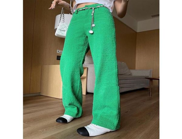 

fashionnew women tweed wide leg pants with chain belt casual solid high waist straight pants female ladies long trousers46339992452616, Black;white