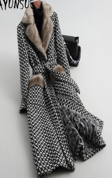 

ayunsue luxury lamb fur coat female mink fur collar tweed coat winter jacket women clothes woolen coats warm long jacket my7214654, Black