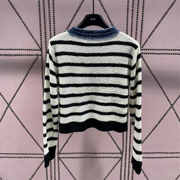 

women's sweaters 2023 early autumn vintage denim colored striped knitted cardigan love button fashion long sleeve coat women 230831, White;black