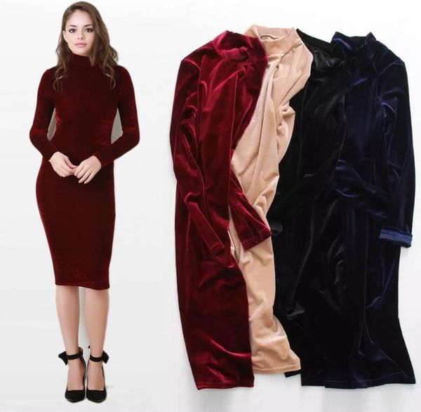

autumn winter fashion midi pencil dress women turtleneck long sleeve velvet high neck sheath bodycon dress7841135, White;black