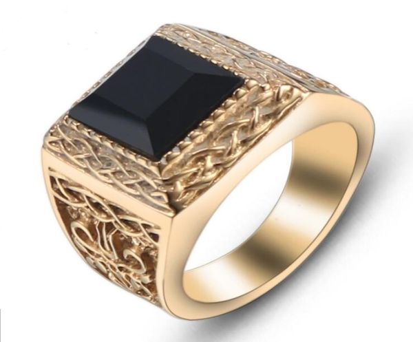 

men fashion 316l stainless steel gold ring with onyx stone classic black agate punk viking style ring titanium steel casting ring 4227216, Golden;silver