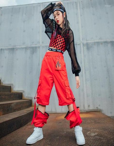 

stage wear hip hop dance clothes for girls red lattice vest net cargo pants kids street hiphop clothing jazz show outfit6952242, Black;red
