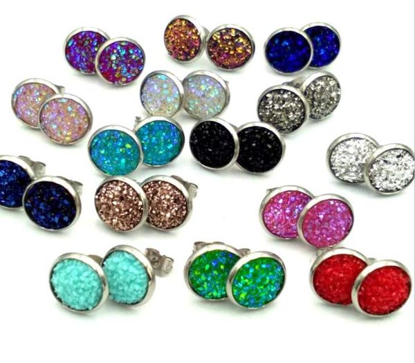 

2020 8mm 12mm nice handmade resin round mermaid druzy earrings trendy simple stainless steel tone wholesaling resin stone earring 8618702, Golden;silver