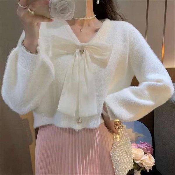 

v neck imitation mink bow sweater for women in spring and autumn sweet short cardigan loose jacket pink top, White;black