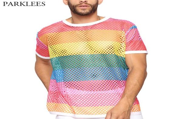 

fashion mesh men t shirts rainbow party tshirt men clothes 2020 seethrough fishnet tshirt streetwear mens tshirt 474240, White;black