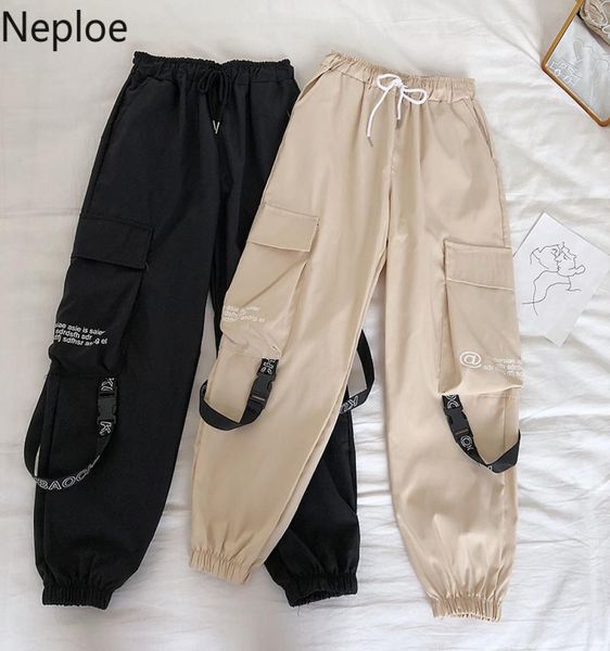 

neploe hip hop streetwear women cargo pants high waist pockets ribbon trousers female loose all match 2019 new fashion 902309467734, Black;white