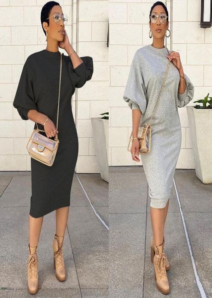 

lantern sleeve loose long plus size sweater dress slim casual grey black dressess vestido feminino whole drop5616183