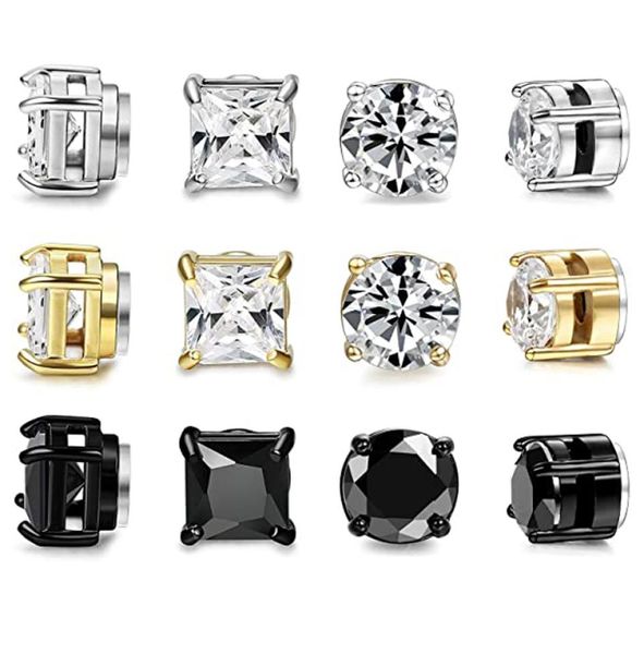 

6 pairs of stainless steel magnetic stud earrings male female zircon magnet nonperforated clip earrings set black steel gold4470065, Silver