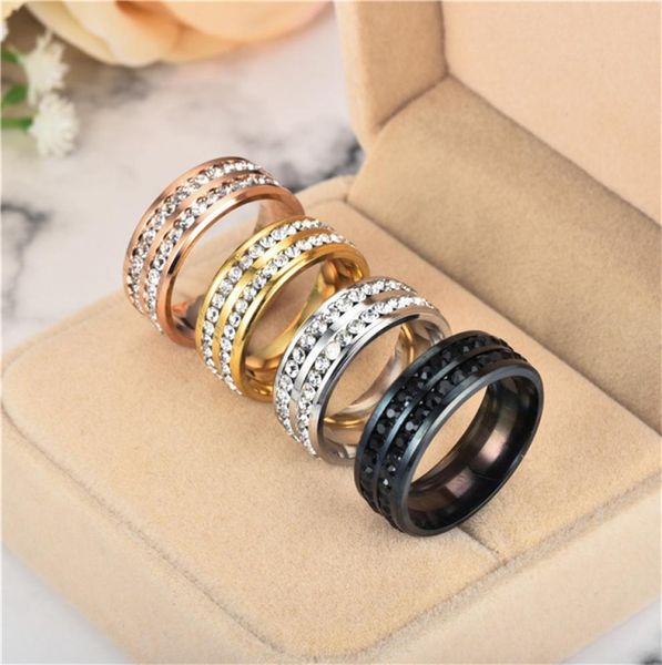 

romantic womens mens engagement 8mm rings fashion double rows rhinestones titanium steel wedding anniversary party ladies jewelry 1606266, Silver