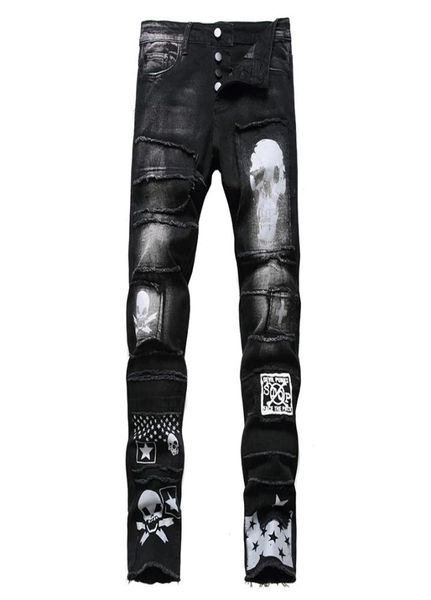 

men black skull stars printed jeans streetwear buttons fly patchwork slim stretch denim fringe pants8374297, Blue