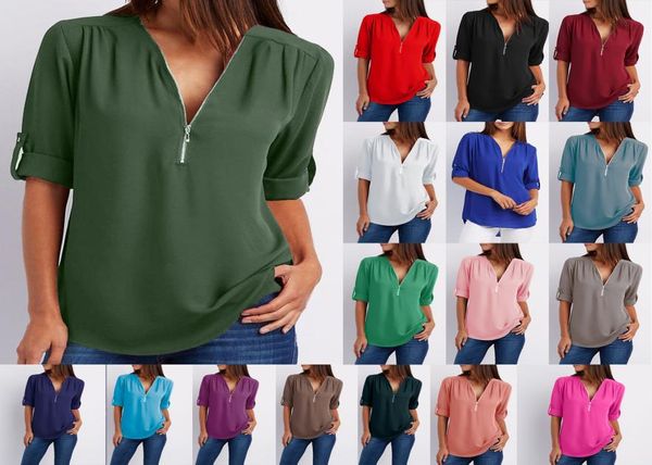 

women v neck solid zipper shirt loose plus size 5xl long sleeve chiffon blusas new casual summer blouse4565270, White